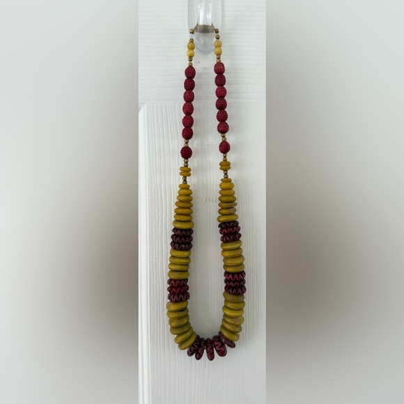 Vintage Chunky Resin Bead Necklace Maroon & Chartreuse Boho Statement - Picture 4 of 5